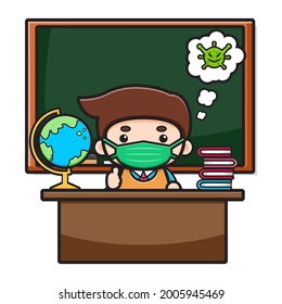 Cute teacher sitting in classroom wearing mask cartoon icon illustration. Design isolated on white. Flat cartoon style.