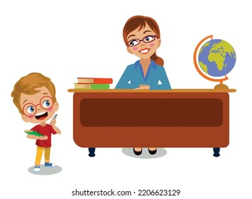 süßer Lehrer und Schüler, die vor dem Unterricht im Unterricht im Unterricht an Bord unterrichten