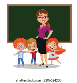 cute teacher and students teaching in front of classroom lesson board