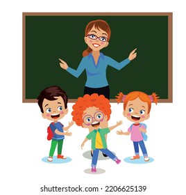 cute teacher and students teaching in front of classroom lesson board