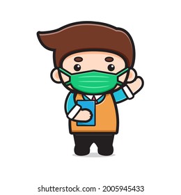 Cute teacher wearing mask cartoon vector icon illustration. Design isolated on white. Flat cartoon style.