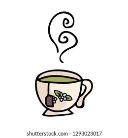 Cute teacup cartoon vector illustration motif set. Hand drawn hot drink elements clipart for kitchen blog, food graphic, cafe restaurant web buttons. English Breakfast, Earl Grey, Mint.