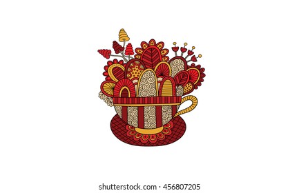 Cute teacup doodle vector illustration with flowers, swirls, and abstract shapes - red and gold