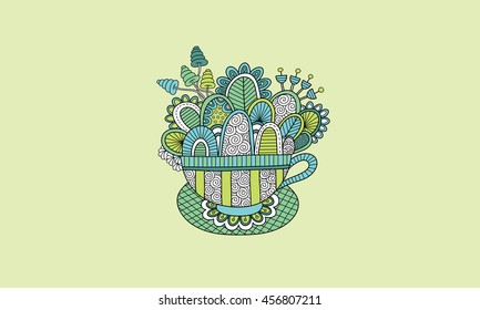 Cute teacup doodle vector illustration with flowers, swirls, and abstract shapes on a green background
