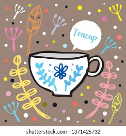 cute teacup with drawing,Cutlery vector,Cute teacup vector object for labels and logo