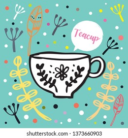 cute teacup with drawing,Cutlery vector,Cute teacup vector object for labels and logo