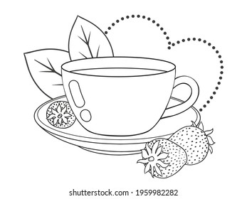 Cute teacup with fresh strawberry and decor. Line art. Vector illustration. Isolated on white. Monochrome.