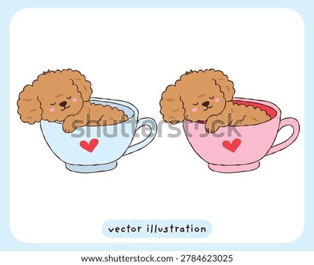Cute teacup poodle puppy sleeping in a mug, adorable dog vector illustration set
