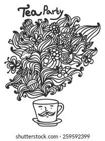 cute teacup, tea party invitation, different flavors of tea 