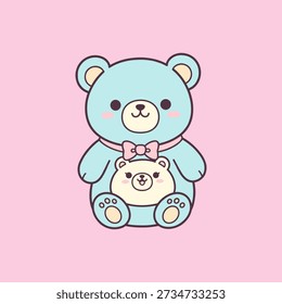 Cute teal bear holding a smaller cream bear with pink bow.eps
