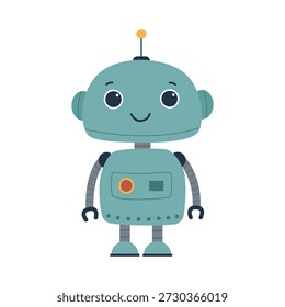 Cute Teal Cartoon Robot Character in Flat Style – Friendly AI Assistant Robot for Kids and Modern Technology Concepts, Isolated on White Background.