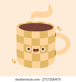 Taza a cuadros verde azulado lindo con ojos y boca divertidos, té o café, nube de vapor por encima, Vector de garabato dibujado a mano suave con colores apagados y acogedores para el diseño de los niños, pegatina, cartel, tarjeta, Anuncio, invitación
