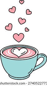 Cute teal coffee cup with heart latte art and floating hearts vector graphic design. Hot beverage illustration perfect for cafe logos and Mother's Day.