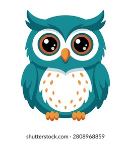Cute teal owl with large eyes and orange beak looking forward, cartoon style