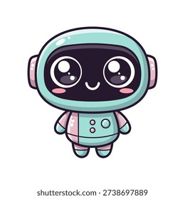 Cute teal and pink cartoon robot with large eyes and round head.eps
