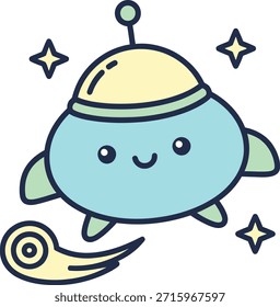 Un lindo personaje ovni verde azulado con una cara amigable y una cúpula de color amarillo pálido rodeado de estrellas. Ilustración vectorial plana de alta calidad para pegatinas para niños y decoración de vivero.
