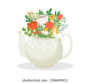 Cute teapot with bouquet of flowers. Kitchenware with plants and blossom as daisy and tulip for home decor. Teatime concept, spring floral composition with blooming vector illustration