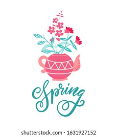 Cute teapot with bouquet of flowers. Spring flowers. Springtime greeeting card design concept. Vector illustration on white background