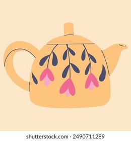 Cute teapot in cartoon doodle flat style. Element for design, posters, fabric patterns, kitchen decor, cafe, dining room, logo