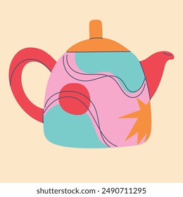 Tetera linda en estilo plano de garabato de dibujos animados. Elemento para el diseño, carteles, patrones de tela, decoración de la cocina, café, comedor, logotipo
