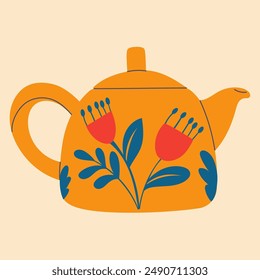 Cute teapot in cartoon doodle flat style. Element for design, posters, fabric patterns, kitchen decor, cafe, dining room, logo