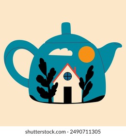 Cute teapot in cartoon doodle flat style. Element for design, posters, fabric patterns, kitchen decor, cafe, dining room, logo