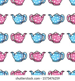 Cute Teapot Cartoon Seamless Vector Pattern. Hand Drawn Pink and Blue Ceramic Kitchen Tile. All Over Print For Hot Drink Blog, Kitchenware Graphic, Household Home Decor. 