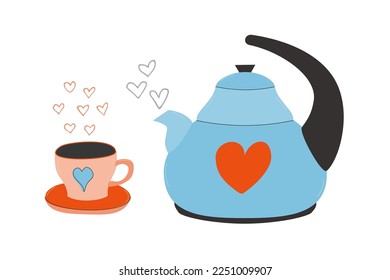 Cute teapot and cup with hearts. Vector flat illustration