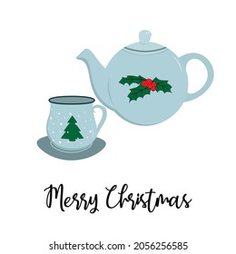 Cute teapot with a cup ornate with Christmas elements. Vector illustration for card, postcard or winter design element.
