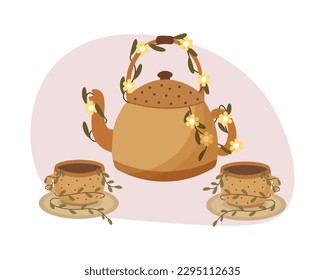 Cute teapot and cups decorated with small flowers. Drink illustration, vector	
