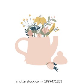Cute teapot of dry herbs for phytotherapy isolated on white background. Pastel colors. Hand-drawn. Vector illustration
