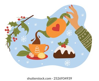 Cute teapot in female hand pouring tea into cup, hand drawn in flat doodle style. Vector illustration of winter tea party with Christmas cupcake and mistletoe