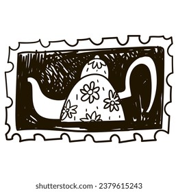 A cute teapot in a Halloween stamp. Black and white drawing with strokes similar to ink. Vector illustration, sketch. Drawing, cute teapot in a flower, black handle. Black pen on white. Illustration