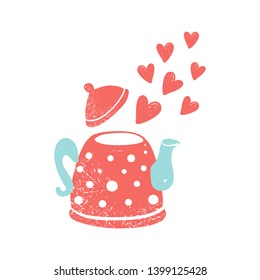 Cute teapot with hearts. Vector illustration isolated on white background. Minimalistic style print. Banner for coffee or restaurant