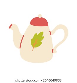 Cute teapot with a leaf design. Autumn tea party vector 