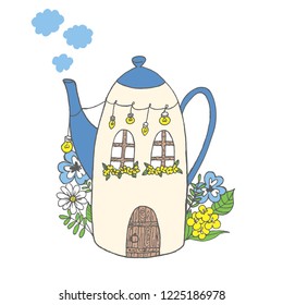 Cute teapot with little window, wooden door and flowers garden. Cartoon for home decor, fairy tale book, label tea. Vector illustration isolated on white background. Hygge time