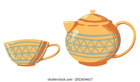 Cute teapot and mug with pattern. Hand drawn vector illustration. Colored cartoon doodle of tableware. Single drawing isolated on white. Element for design, print, sticker, card, decoration, wrap.