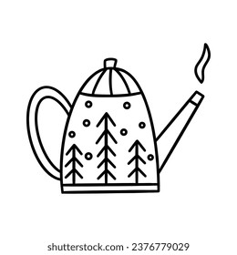 Cute teapot with print of Christmas trees and falling snow. Hot tea. Steam comes out of the spout. Winter season. Black and white vector illustration hand drawn. Icon clip art