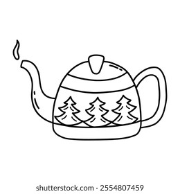 Cute teapot with print of Christmas trees and falling snow. Hot tea. Steam comes out of the spout. Winter cozy season. Black and white vector isolated illustration hand drawn. Icon clip art or card