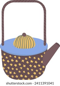 Cute teapot with star pattern and yellow lid. Flat design style kitchenware, brown handle teapot vector illustration.