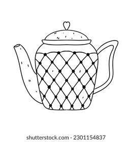 Cute teapot for tea ceremony in hand drawn doodle style. Vector illustration isolated on white. Coloring page.