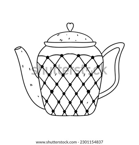 Cute teapot for tea ceremony in hand drawn doodle style. Vector illustration isolated on white. Coloring page.