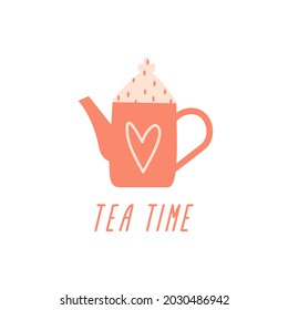 Cute teapot with tea time lettering sign. Simple vector flat illustration with a kettle on a white background
