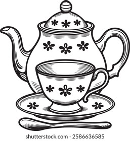 Cute Teapot and Teacup Silhouette Set of vector on a white background