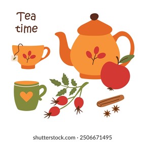 Cute teapot with two cups and tea bag, cinnamon, apple and rosehip branch. Autumn tea party vector illustration