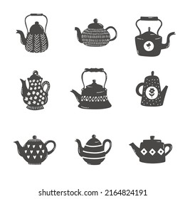 Cute teapots black and white flat icons vector set