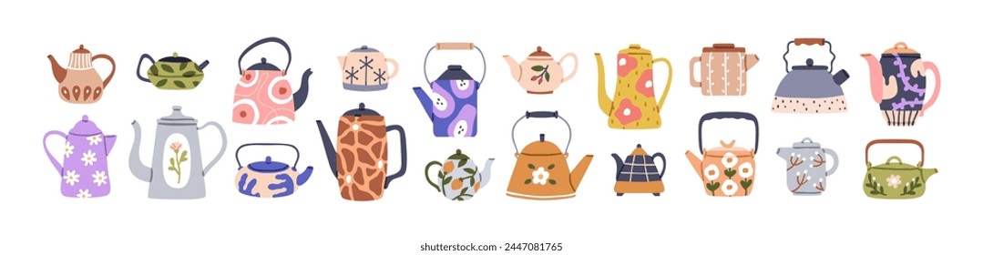 Cute teapots collection. Cozy tea pots, kettles, kitchenware, crockery designs with floral prints, patterns. Teakettles in modern vintage style. Flat vector illustration isolated on white background