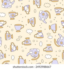 Cute teteras y tazas doodle patrón sin fisuras. Vector teteras de té y tazas de impresión. colección de vajilla de cocina de cerámica o porcelana Antiguas.