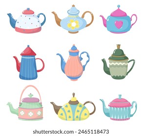 Cute teapots. Kitchen cartoon teapot or kettle decorative ceramic. Isolated modern coffee tea vector set