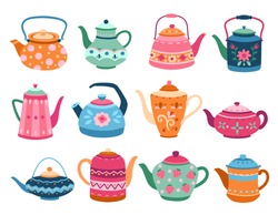 Cute Teapots. Kitchen Tools, Cartoon Teapot Or Kettle Decorative Ceramic. Householding Elements, Isolated Modern Coffee Tea Exact Vector Set